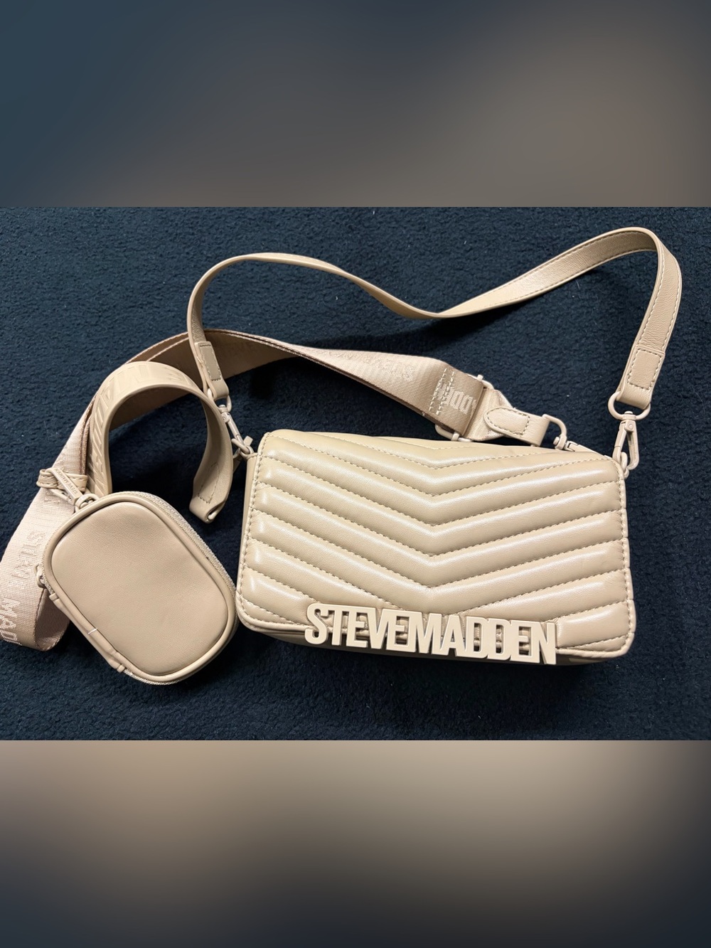 Steve Madden Beige Quilted Crossbody with Logo Accent and Coin Pouch